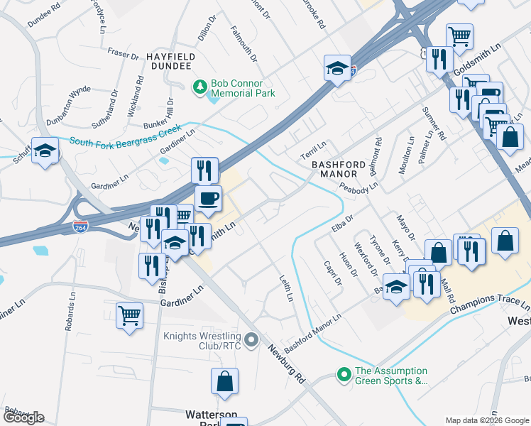 map of restaurants, bars, coffee shops, grocery stores, and more near 3303 Colonial Manor Circle in Louisville