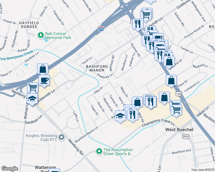 map of restaurants, bars, coffee shops, grocery stores, and more near 1928 Elba Drive in Louisville