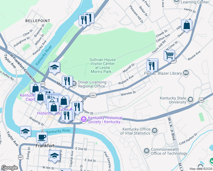 map of restaurants, bars, coffee shops, grocery stores, and more near 607 Hoge Avenue in Frankfort