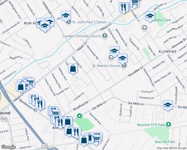map of restaurants, bars, coffee shops, grocery stores, and more near 3738 Rouge Way in Louisville