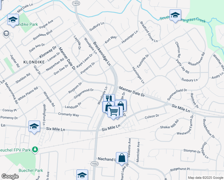 map of restaurants, bars, coffee shops, grocery stores, and more near 3328 Breckenridge Lane in Louisville