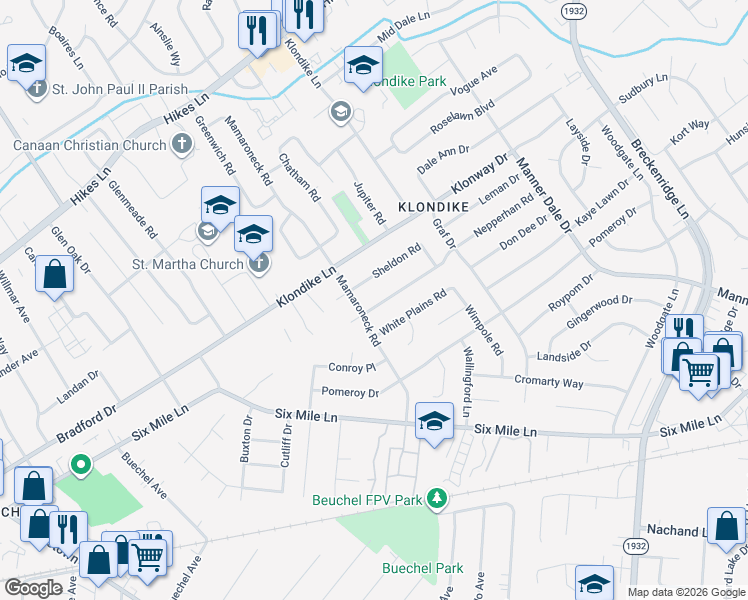 map of restaurants, bars, coffee shops, grocery stores, and more near 2906 Nepperhan Road in Louisville