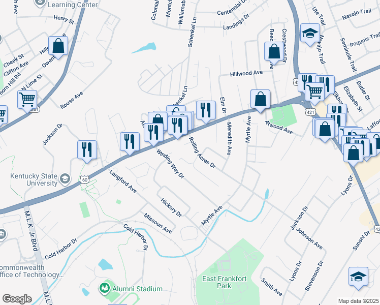map of restaurants, bars, coffee shops, grocery stores, and more near 13 Turnberry Gardens in Frankfort