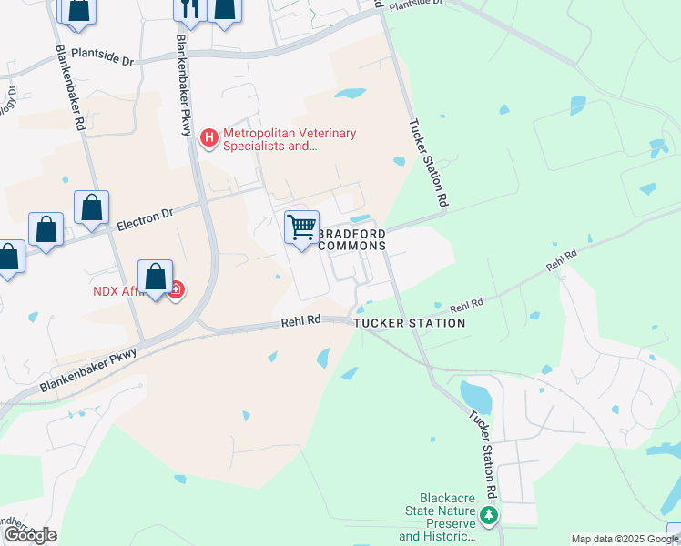 map of restaurants, bars, coffee shops, grocery stores, and more near 25 Redspire Drive in Louisville