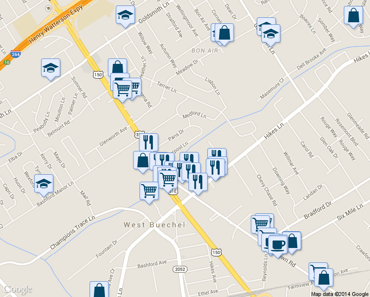 map of restaurants, bars, coffee shops, grocery stores, and more near 2232 Liverpool Lane in Louisville