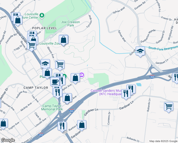 map of restaurants, bars, coffee shops, grocery stores, and more near 1850 Taylor Avenue in Louisville