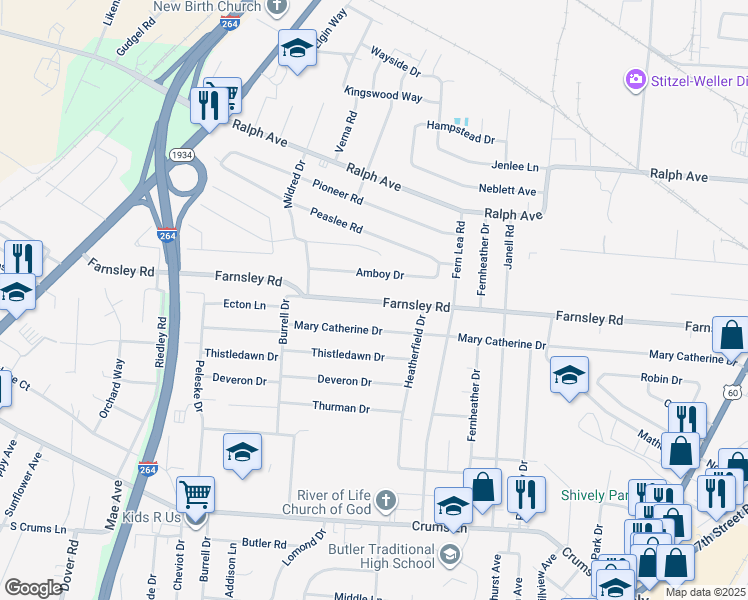 map of restaurants, bars, coffee shops, grocery stores, and more near 2222 Farnsley Road in Louisville