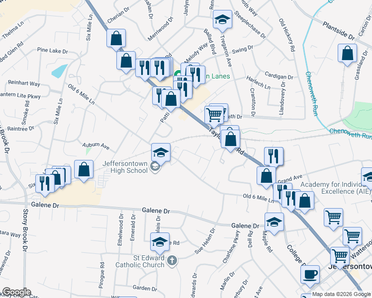 map of restaurants, bars, coffee shops, grocery stores, and more near 3305 Silverthorn Lane in Jeffersontown