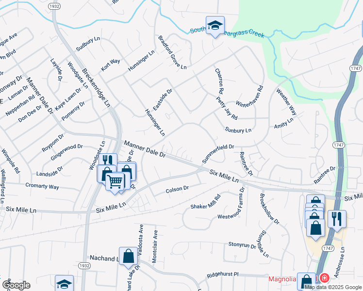 map of restaurants, bars, coffee shops, grocery stores, and more near 7902 Manner Pointe Drive in Louisville