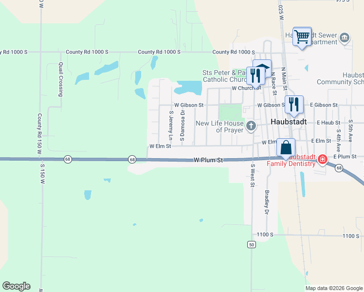 map of restaurants, bars, coffee shops, grocery stores, and more near 998 W Elm St in Haubstadt