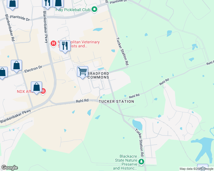map of restaurants, bars, coffee shops, grocery stores, and more near 2609 Bradford Commons Drive in Louisville