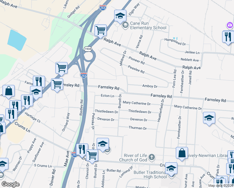 map of restaurants, bars, coffee shops, grocery stores, and more near 3401 Burrell Drive in Louisville