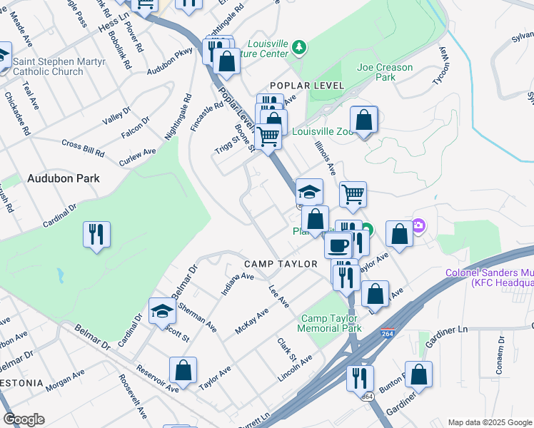 map of restaurants, bars, coffee shops, grocery stores, and more near 1676 Cheak Street in Louisville