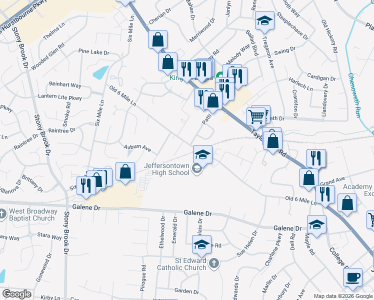 map of restaurants, bars, coffee shops, grocery stores, and more near 9416 Old 6 Mile Lane in Louisville