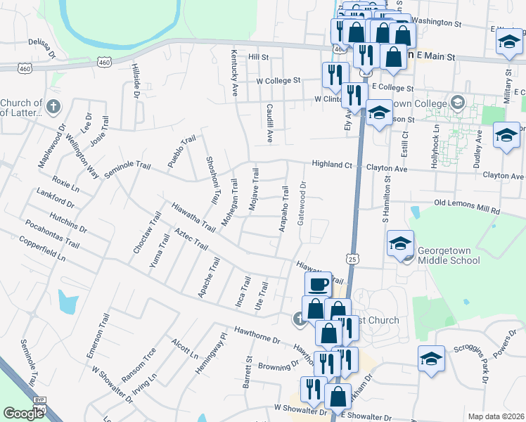 map of restaurants, bars, coffee shops, grocery stores, and more near 202 Cherokee Trail in Georgetown