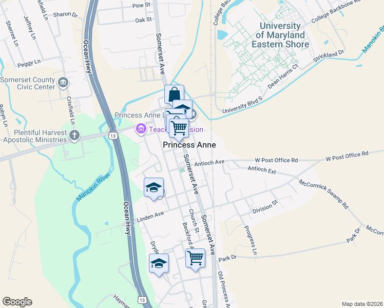 map of restaurants, bars, coffee shops, grocery stores, and more near 11681 Beechwood Street in Princess Anne
