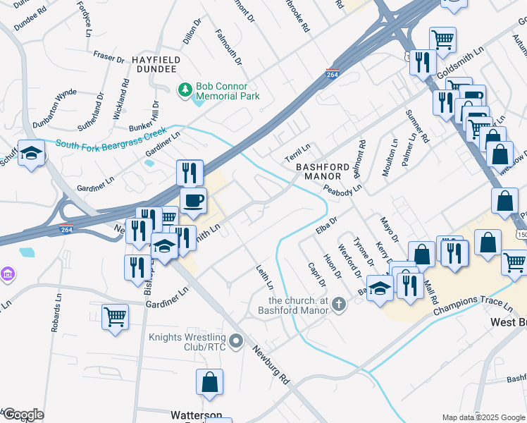 map of restaurants, bars, coffee shops, grocery stores, and more near 1953 Meadowcreek Drive in Louisville