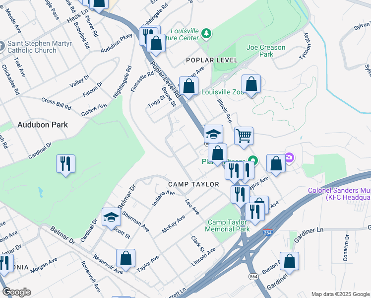 map of restaurants, bars, coffee shops, grocery stores, and more near 1676 Cheak Street in Louisville