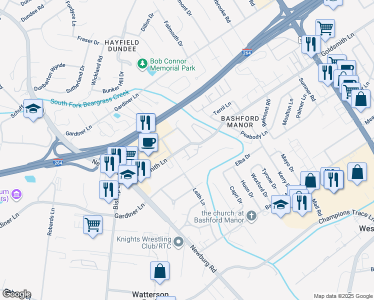 map of restaurants, bars, coffee shops, grocery stores, and more near 3307 Colonial Manor Circle in Louisville