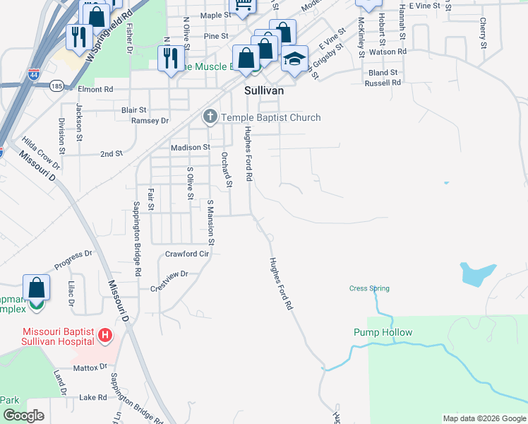 map of restaurants, bars, coffee shops, grocery stores, and more near 507 Hughes Ford Road in Sullivan