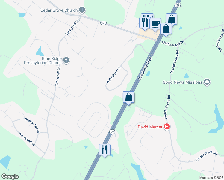 map of restaurants, bars, coffee shops, grocery stores, and more near 289 Whitethorn Ct in Ruckersville