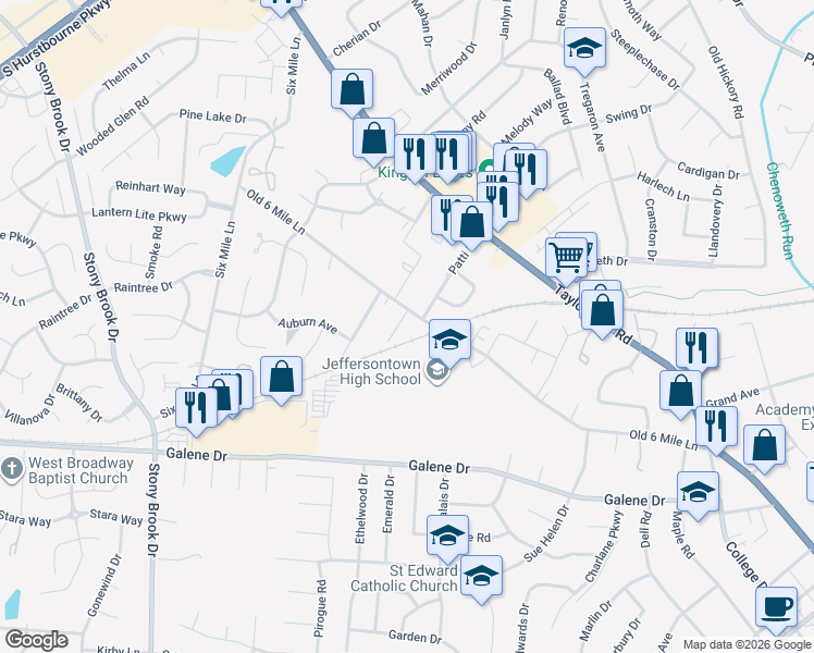map of restaurants, bars, coffee shops, grocery stores, and more near 9416 Old 6 Mile Lane in Louisville