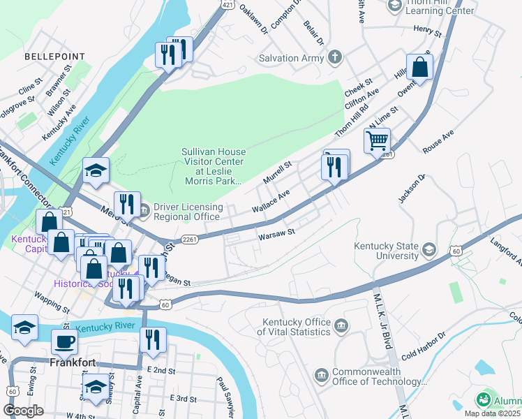 map of restaurants, bars, coffee shops, grocery stores, and more near 230 Wright Street in Frankfort