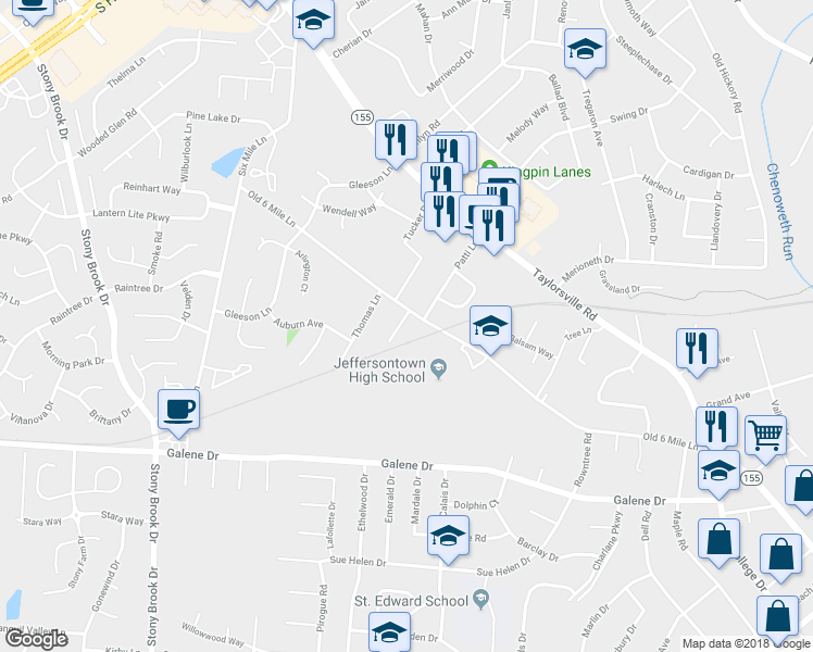 map of restaurants, bars, coffee shops, grocery stores, and more near 9416 Old 6 Mile Lane in Louisville
