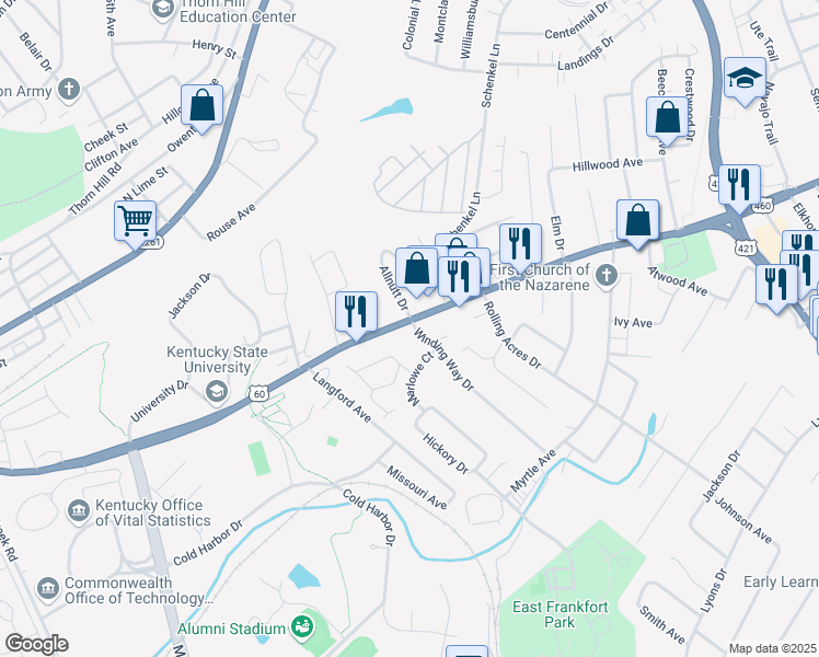 map of restaurants, bars, coffee shops, grocery stores, and more near 599 East Main Street in Frankfort