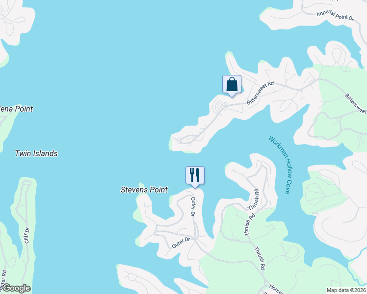 map of restaurants, bars, coffee shops, grocery stores, and more near 1199-1299 Bittersweet Road in Lake Ozark