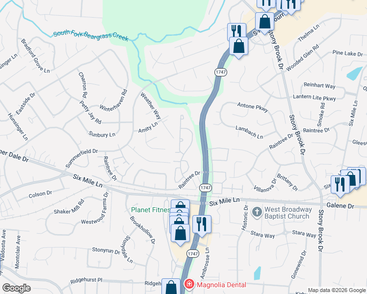 map of restaurants, bars, coffee shops, grocery stores, and more near 3204 Rock Brook Court in Louisville
