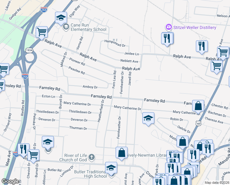 map of restaurants, bars, coffee shops, grocery stores, and more near 2013 Farnsley Road in Louisville