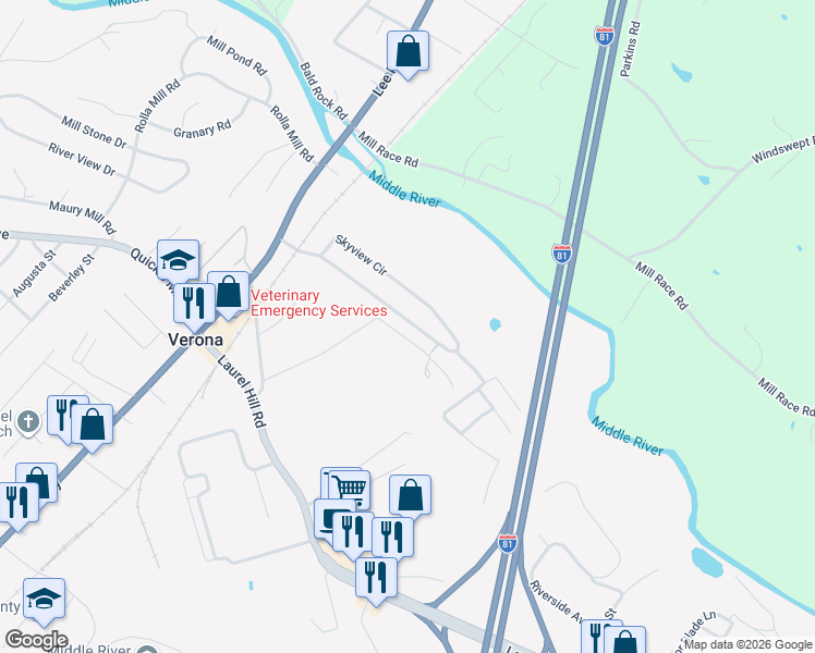 map of restaurants, bars, coffee shops, grocery stores, and more near 135 Skyview Circle in Verona
