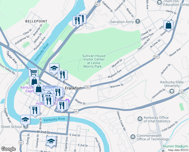 map of restaurants, bars, coffee shops, grocery stores, and more near 136 Wallace Avenue in Frankfort