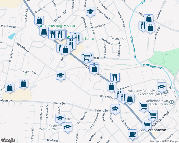 map of restaurants, bars, coffee shops, grocery stores, and more near 2905 Tree Lane in Jeffersontown