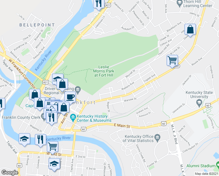 map of restaurants, bars, coffee shops, grocery stores, and more near 200 Montgomery Avenue in Frankfort