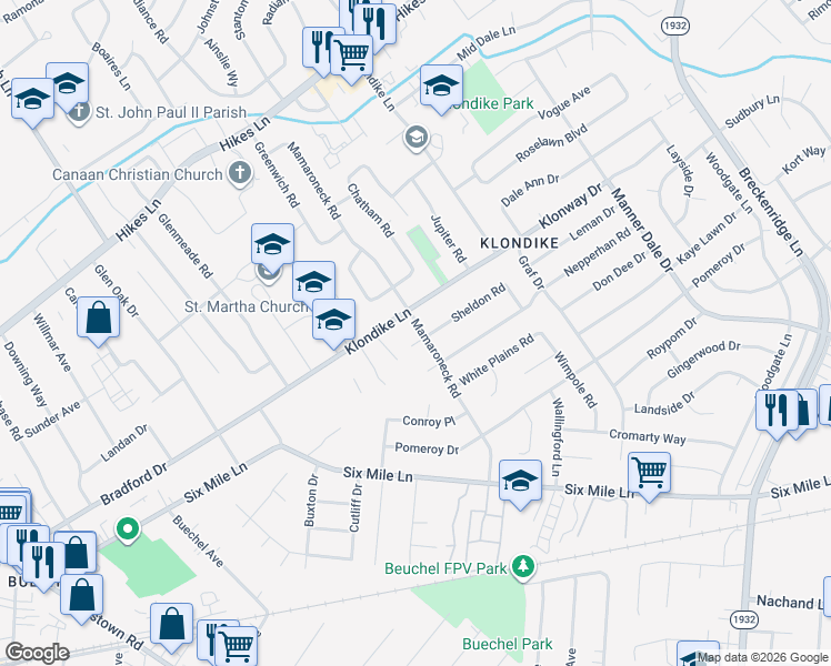 map of restaurants, bars, coffee shops, grocery stores, and more near 2858 Sheldon Road in Louisville