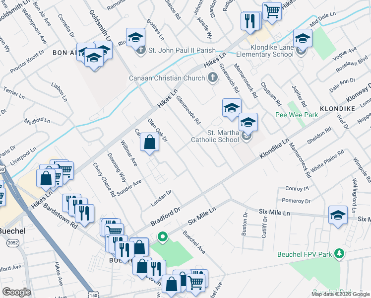 map of restaurants, bars, coffee shops, grocery stores, and more near 3738 Rouge Way in Louisville