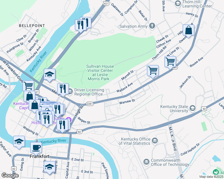 map of restaurants, bars, coffee shops, grocery stores, and more near 607 Hoge Avenue in Frankfort