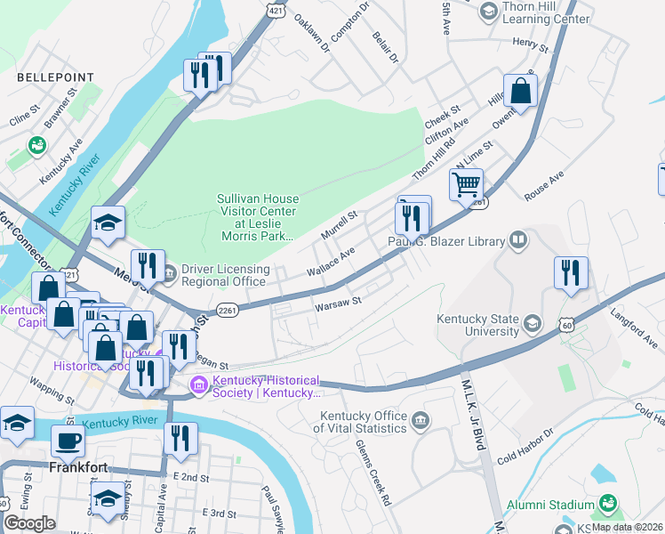 map of restaurants, bars, coffee shops, grocery stores, and more near 315 Holmes Street in Frankfort