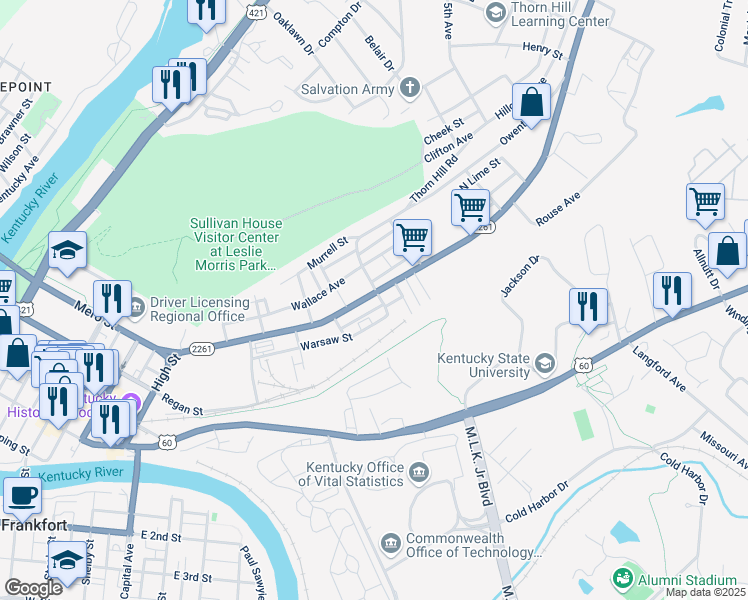 map of restaurants, bars, coffee shops, grocery stores, and more near 368 Warsaw Street in Frankfort