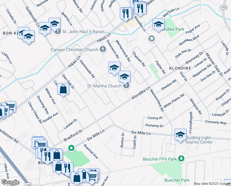 map of restaurants, bars, coffee shops, grocery stores, and more near 2805 Klondike Lane in Louisville