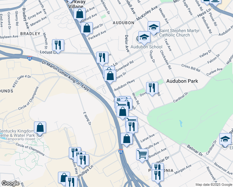 map of restaurants, bars, coffee shops, grocery stores, and more near 3207 Preston Highway in Louisville