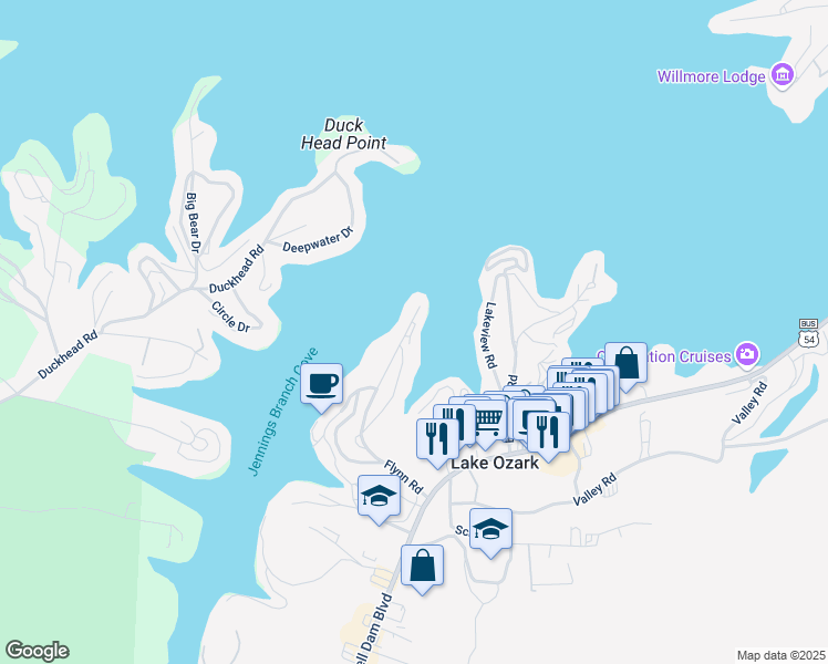 map of restaurants, bars, coffee shops, grocery stores, and more near 300-312 Lk-Rd 54-9 in Lake Ozark