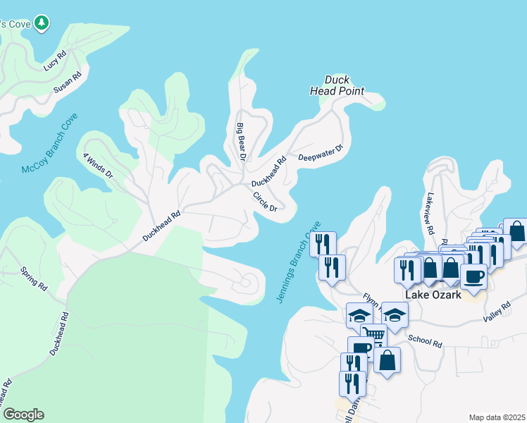 map of restaurants, bars, coffee shops, grocery stores, and more near 136 Circle Drive in Lake Ozark