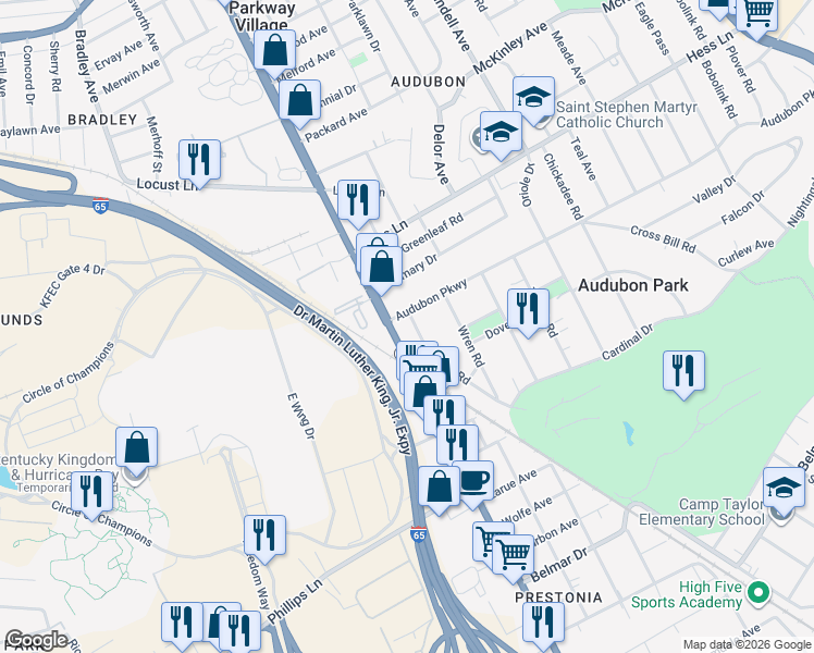 map of restaurants, bars, coffee shops, grocery stores, and more near 3207 Preston Highway in Louisville