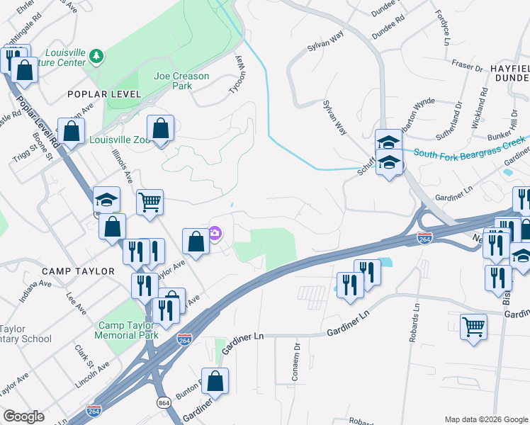 map of restaurants, bars, coffee shops, grocery stores, and more near 1708 Kensington Place Lane in Louisville