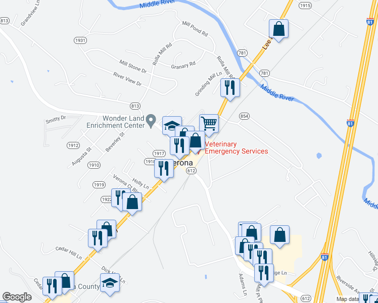 map of restaurants, bars, coffee shops, grocery stores, and more near in Verona