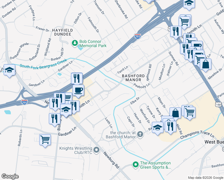map of restaurants, bars, coffee shops, grocery stores, and more near 3206 Golden Turtle Circle in Louisville