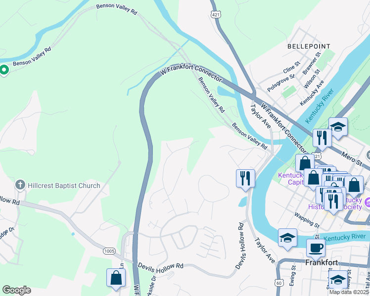 map of restaurants, bars, coffee shops, grocery stores, and more near 313 Signal Ridge Road in Frankfort